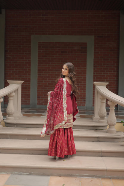 Wedding Wear Maroon Color Faux Georgette With Sequins And Thread Embroidered Work Sharara Suit