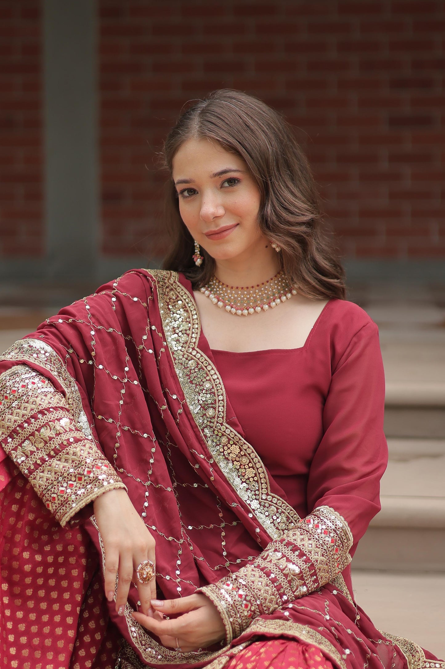 Wedding Wear Maroon Color Faux Georgette With Sequins And Thread Embroidered Work Sharara Suit