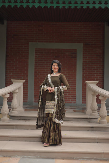 Wedding Wear Mahendi Green Color Faux Georgette With Sequins And Thread Embroidered Work Sharara Suit