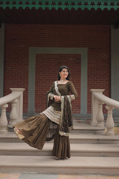 Wedding Wear Mahendi Green Color Faux Georgette With Sequins And Thread Embroidered Work Sharara Suit