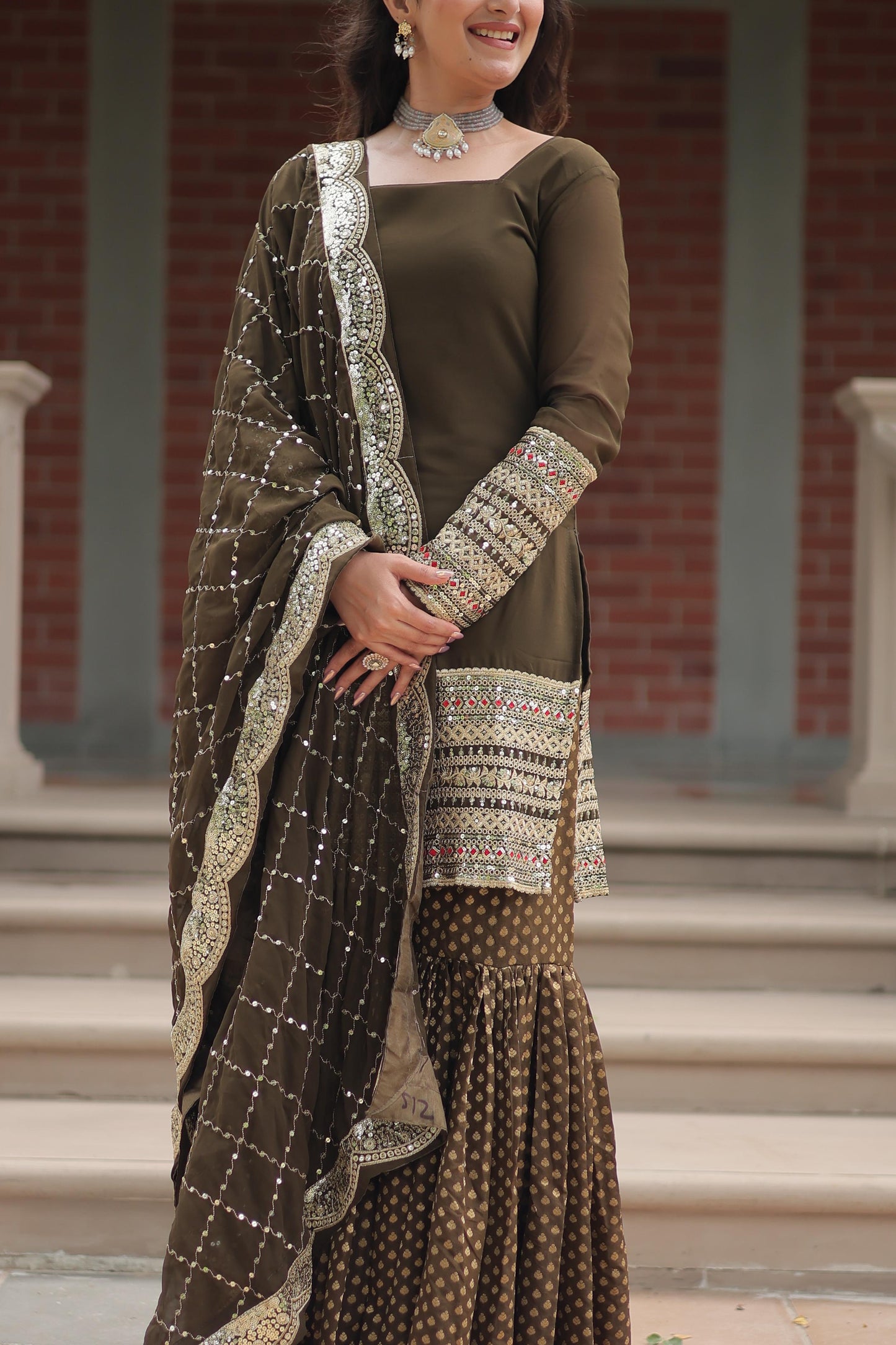 Wedding Wear Mahendi Green Color Faux Georgette With Sequins And Thread Embroidered Work Sharara Suit