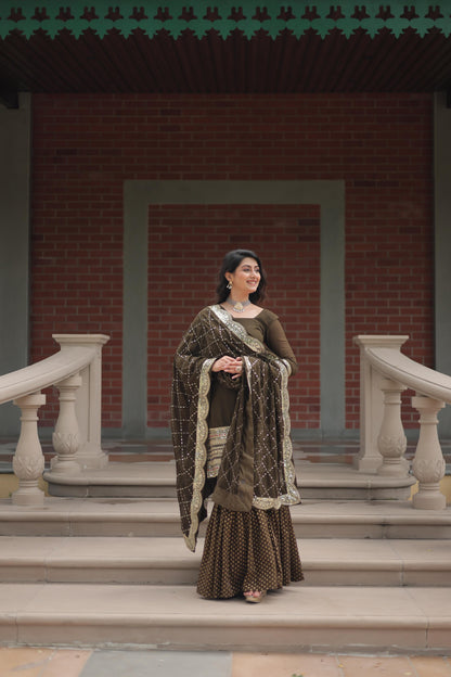 Wedding Wear Mahendi Green Color Faux Georgette With Sequins And Thread Embroidered Work Sharara Suit