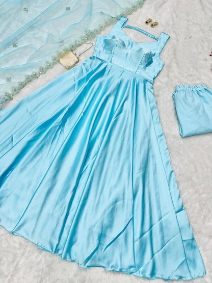 Beautiful Sky Blue Color Pure Japan Satin Anarkali Suit