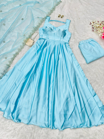 Beautiful Sky Blue Color Pure Japan Satin Anarkali Suit