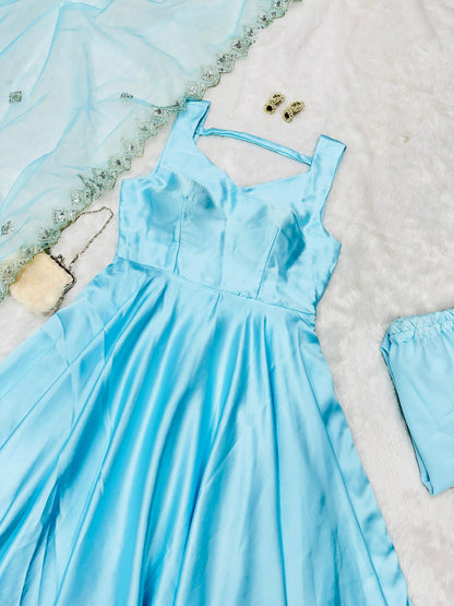 Beautiful Sky Blue Color Pure Japan Satin Anarkali Suit