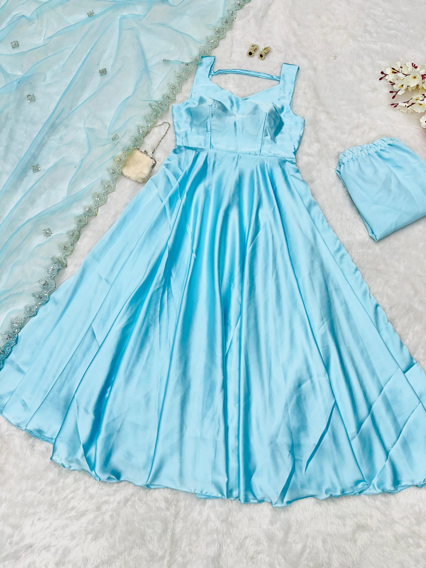 Beautiful Sky Blue Color Pure Japan Satin Anarkali Suit