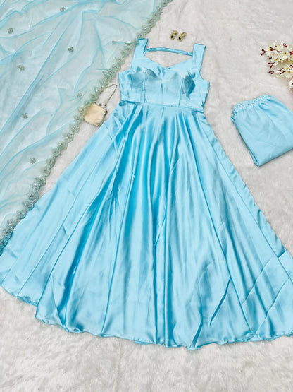 Beautiful Sky Blue Color Pure Japan Satin Anarkali Suit