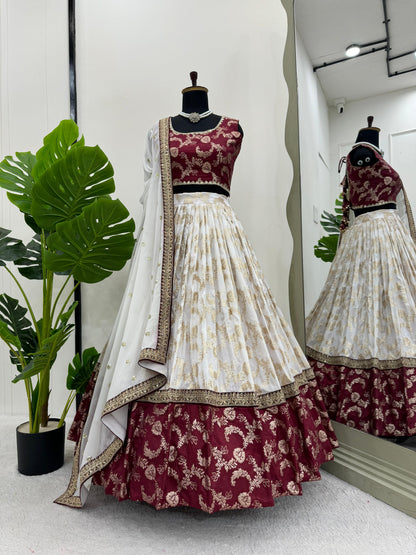 Wedding Wear White Color Jacquard And Coding With Sequence Work Designer Lehenga Choli