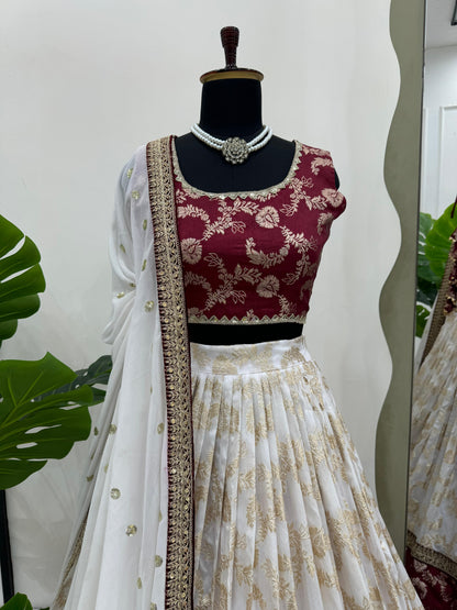 Wedding Wear White Color Jacquard And Coding With Sequence Work Designer Lehenga Choli