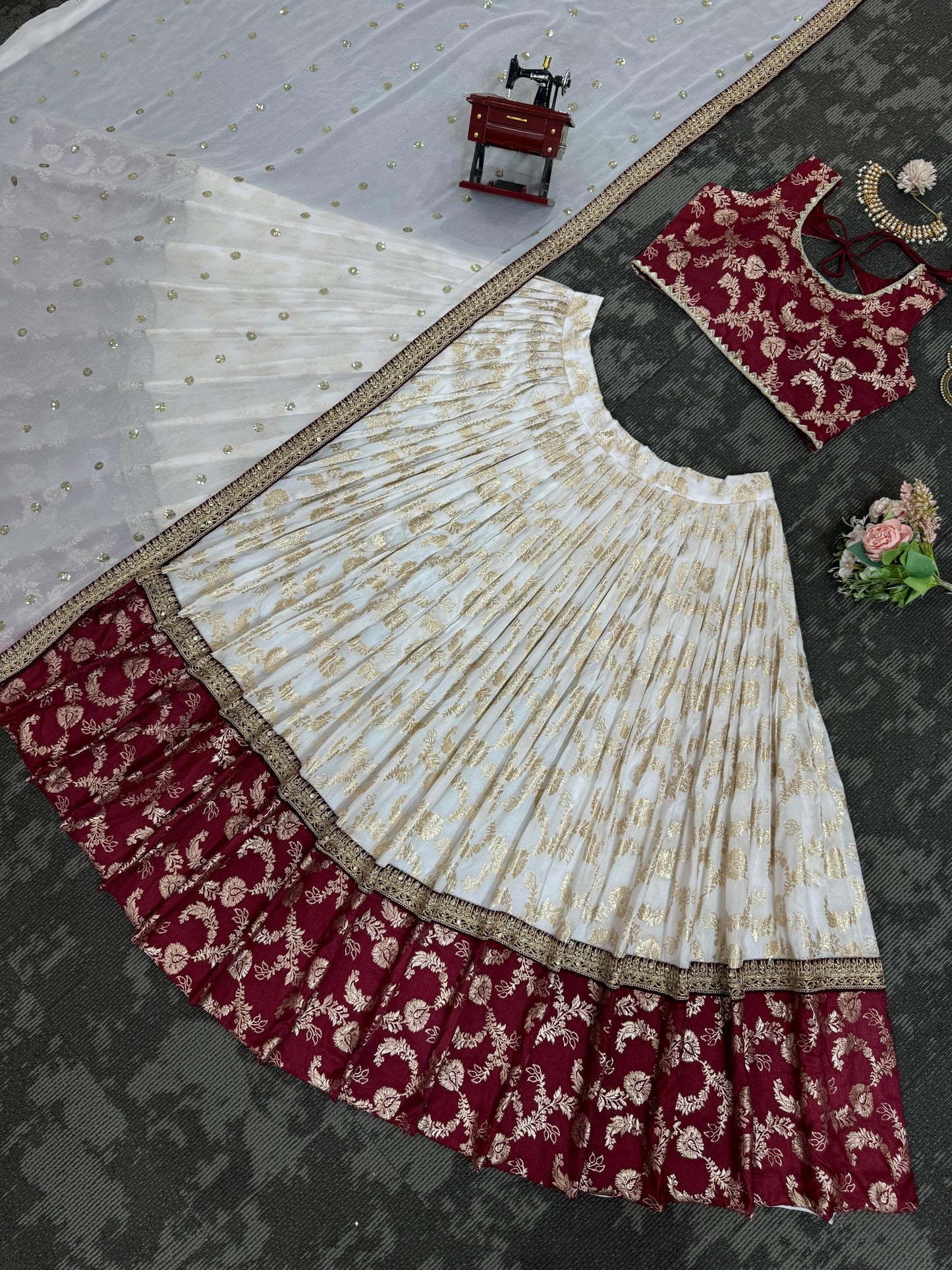 Wedding Wear White Color Jacquard And Coding With Sequence Work Designer Lehenga Choli