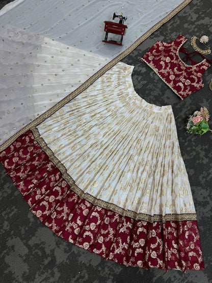 Wedding Wear White Color Jacquard And Coding With Sequence Work Designer Lehenga Choli