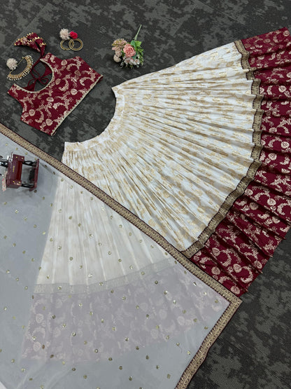 Wedding Wear White Color Jacquard And Coding With Sequence Work Designer Lehenga Choli
