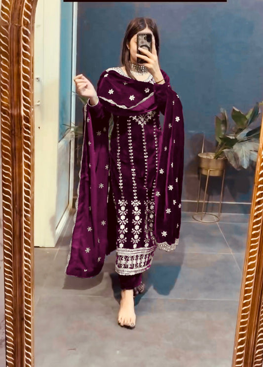 Beautiful Wine Color Velvet 5mm Sequence Work Salwar Suit