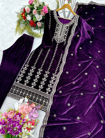 Beautiful Wine Color Velvet 5mm Sequence Work Salwar Suit