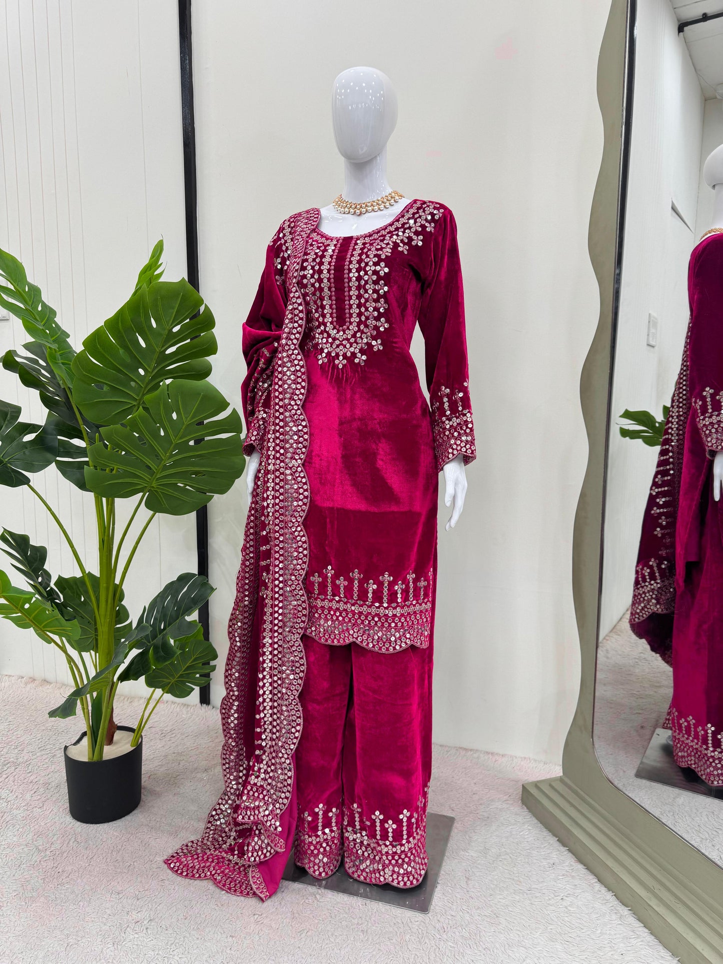 Eyes Catching Pink Color Viscos Velvet And Thread With Sequence Work Designer Salwar Suit