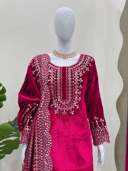 Eyes Catching Pink Color Viscos Velvet And Thread With Sequence Work Designer Salwar Suit