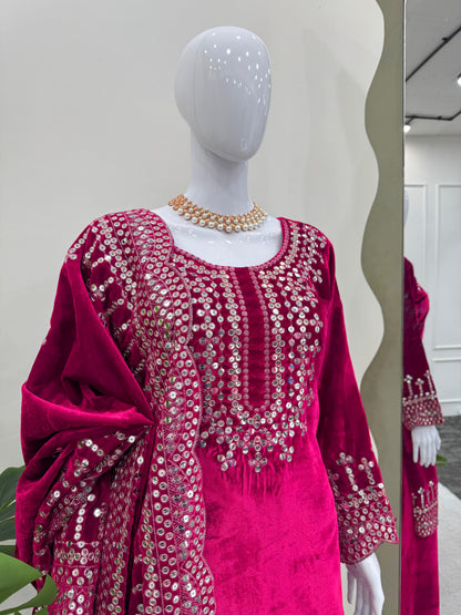Eyes Catching Pink Color Viscos Velvet And Thread With Sequence Work Designer Salwar Suit