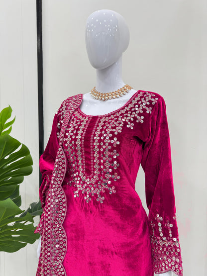 Eyes Catching Pink Color Viscos Velvet And Thread With Sequence Work Designer Salwar Suit
