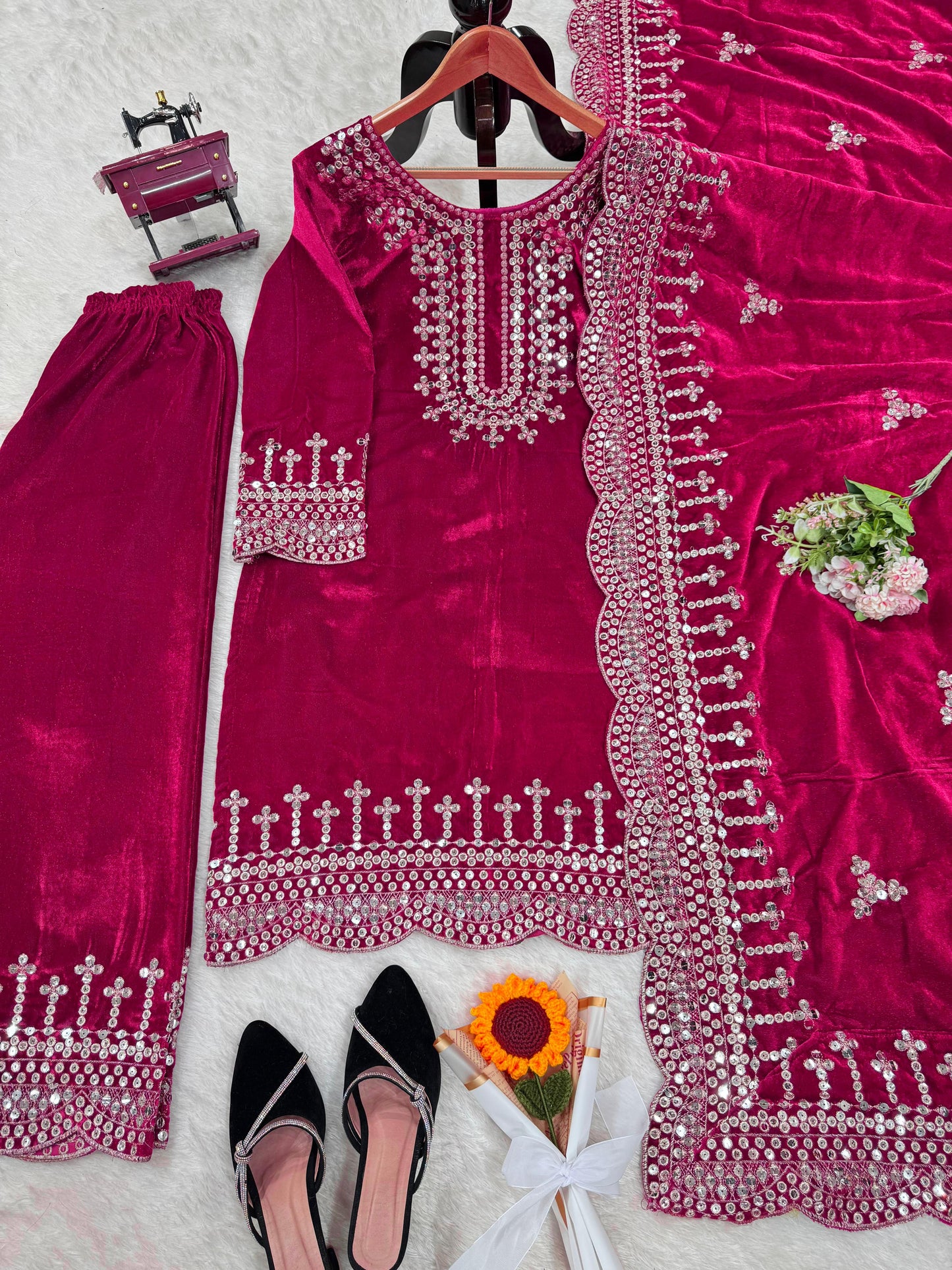Eyes Catching Pink Color Viscos Velvet And Thread With Sequence Work Designer Salwar Suit