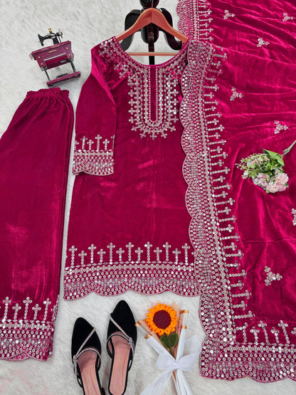Eyes Catching Pink Color Viscos Velvet And Thread With Sequence Work Designer Salwar Suit