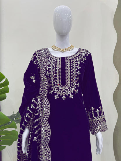 Eyes Catching Royal Blue Color Viscos Velvet And Thread With Sequence Work Designer Salwar Suit