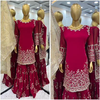 Wedding Wear Red Color Heavy Faux Georgette With 5mm Embroidery Sequence Work Designer Sharara Suit