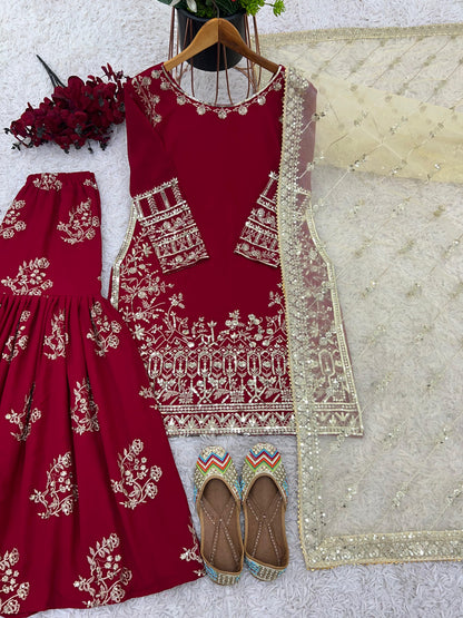Wedding Wear Red Color Heavy Faux Georgette With 5mm Embroidery Sequence Work Designer Sharara Suit