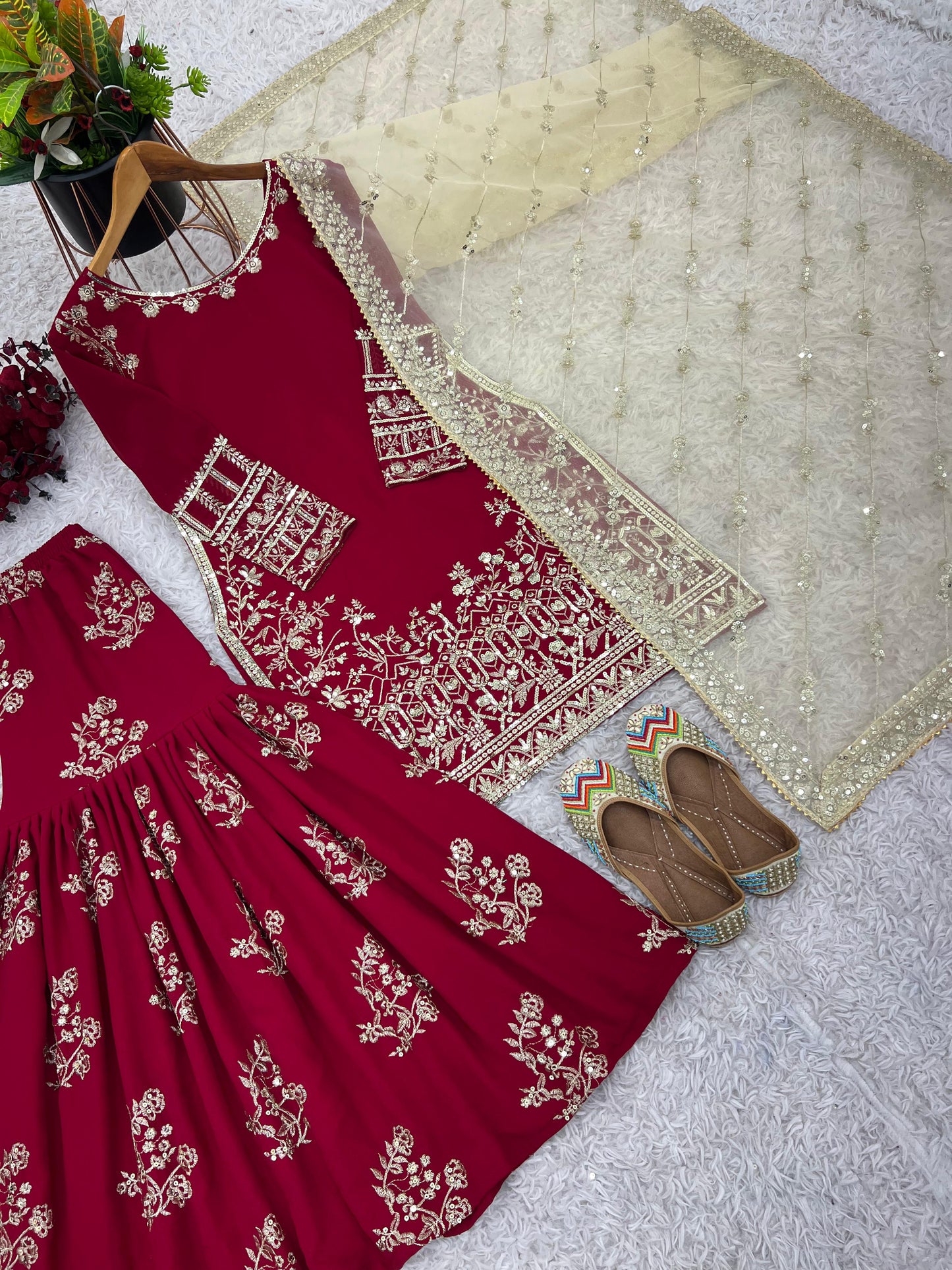 Wedding Wear Red Color Heavy Faux Georgette With 5mm Embroidery Sequence Work Designer Sharara Suit