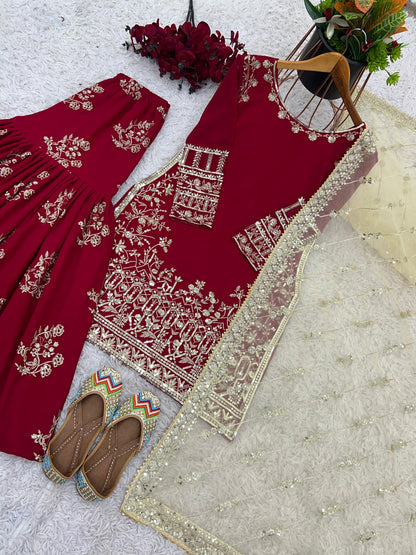 Wedding Wear Red Color Heavy Faux Georgette With 5mm Embroidery Sequence Work Designer Sharara Suit