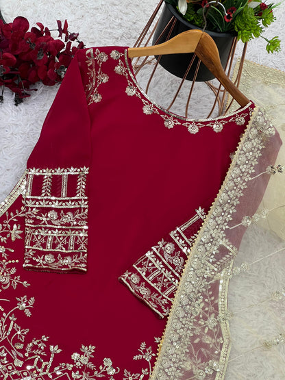 Wedding Wear Red Color Heavy Faux Georgette With 5mm Embroidery Sequence Work Designer Sharara Suit