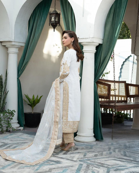 Precious Embroidery Sequence Velvet White Color Salwar Suit