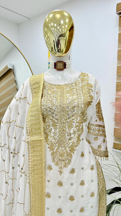 Graceful Off White Color Chinon Silk With Embroidery Codding Sequence Work Salwar Suit