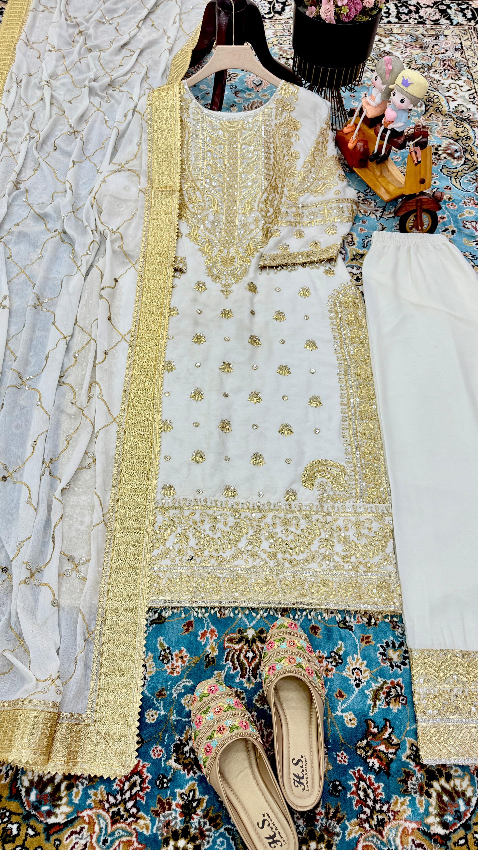Precious Embroidery Sequence Velvet White Color Salwar Suit