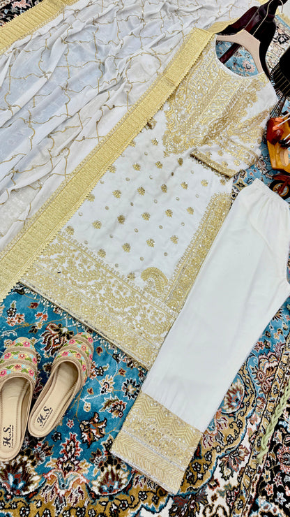 Graceful Off White Color Chinon Silk With Embroidery Codding Sequence Work Salwar Suit