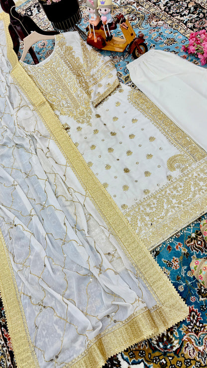 Graceful Off White Color Chinon Silk With Embroidery Codding Sequence Work Salwar Suit