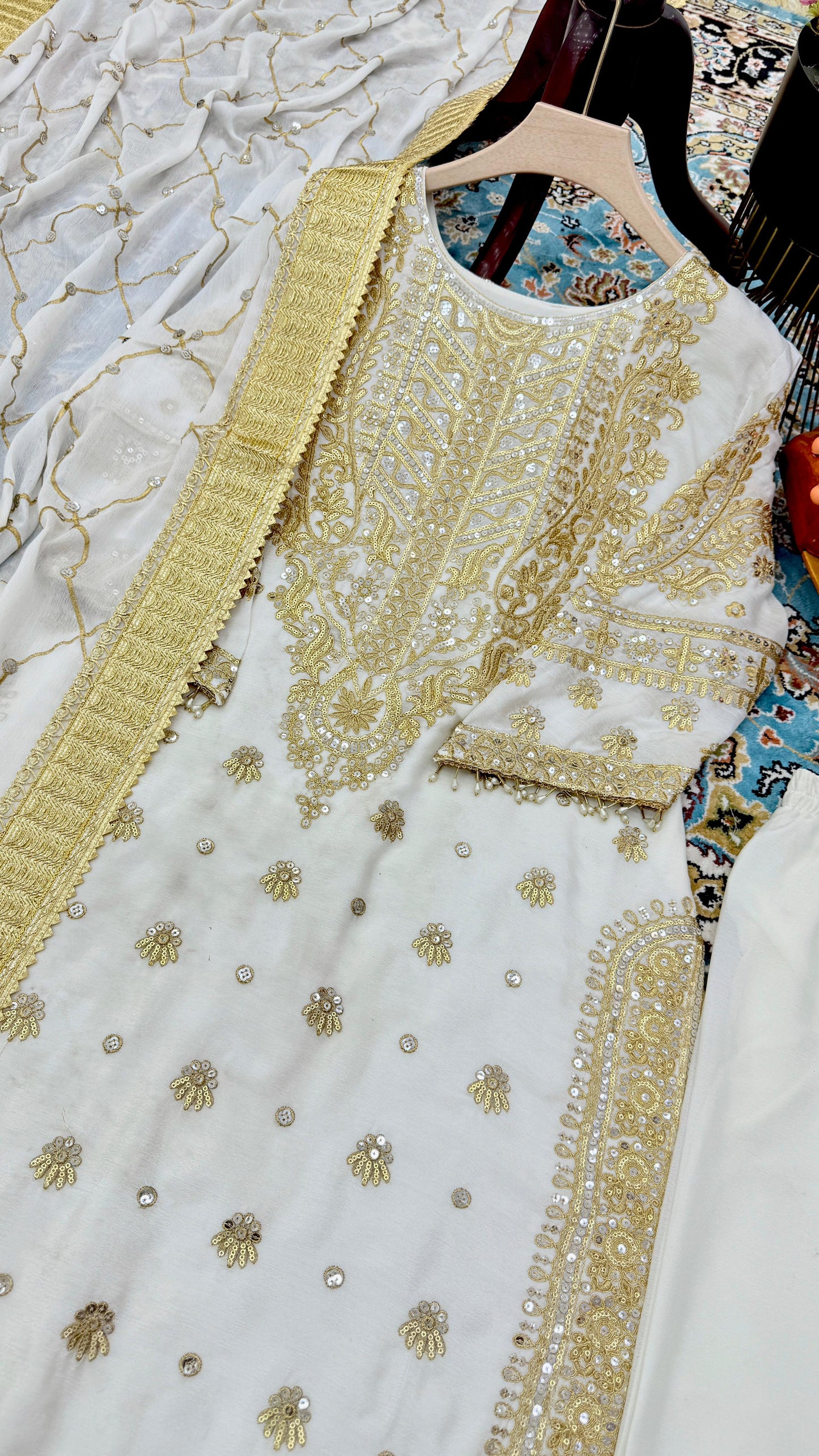 Graceful Off White Color Chinon Silk With Embroidery Codding Sequence Work Salwar Suit