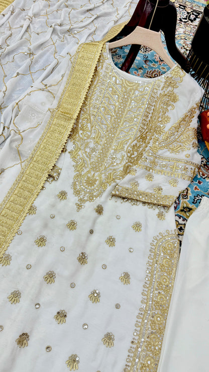 Graceful Off White Color Chinon Silk With Embroidery Codding Sequence Work Salwar Suit