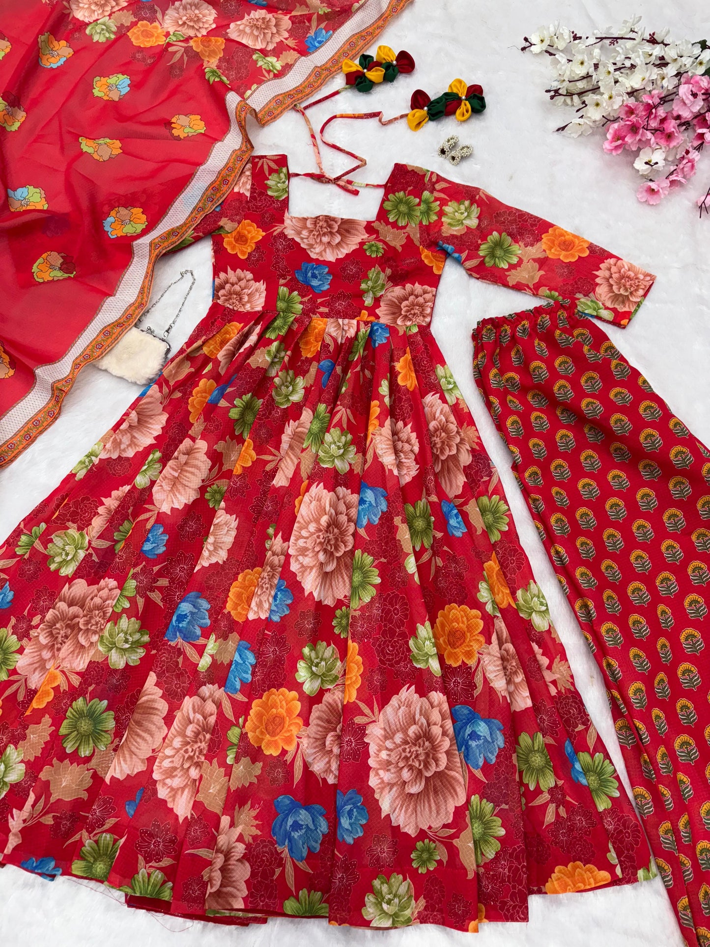 Wedding Wear Multi Color Pure Soft Chex Cotton Printed Anarkali Huge Flair Palazzo Suit Suit