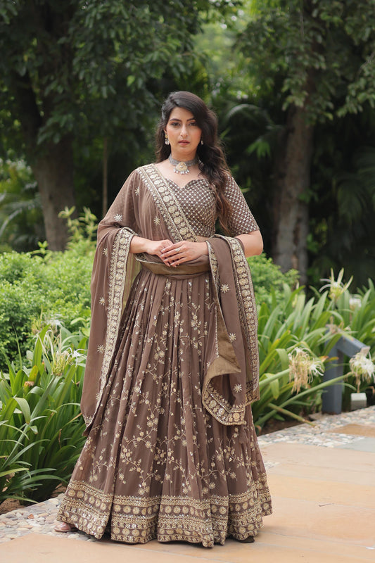 Wedding Wear Brown Color Faux Blooming With Heavy Sequins And Thread Embroidered Work Lehenga Choli