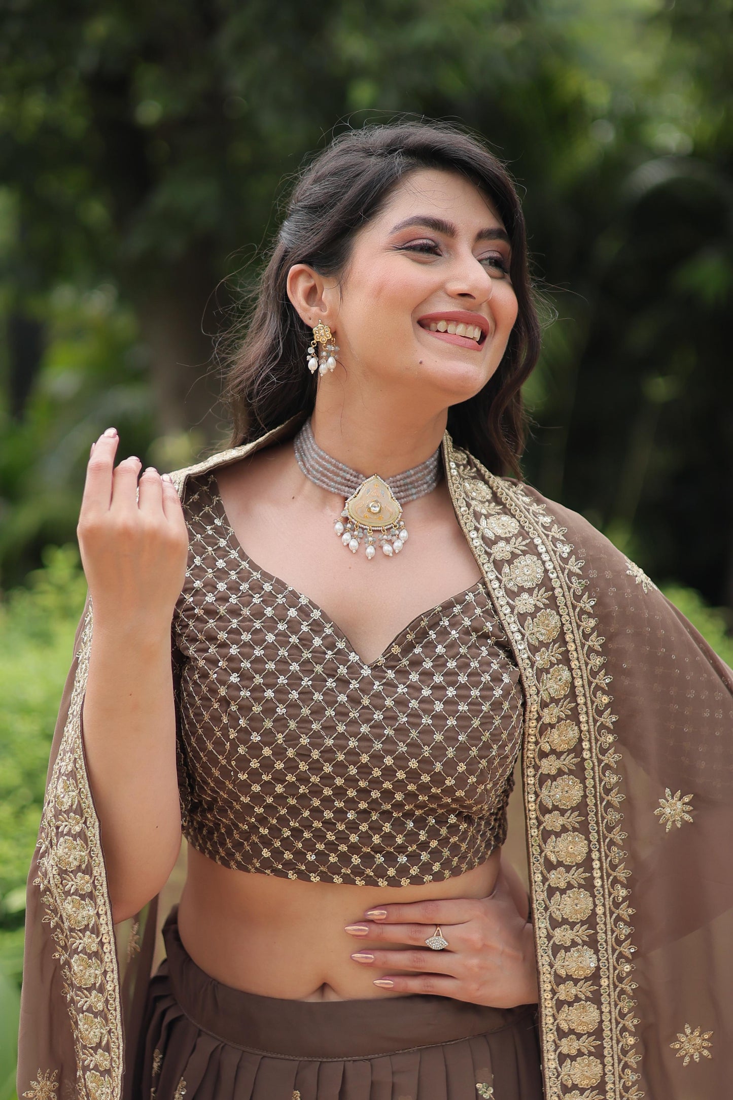 Wedding Wear Brown Color Faux Blooming With Heavy Sequins And Thread Embroidered Work Lehenga Choli