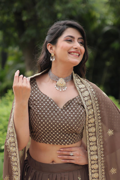 Wedding Wear Brown Color Faux Blooming With Heavy Sequins And Thread Embroidered Work Lehenga Choli