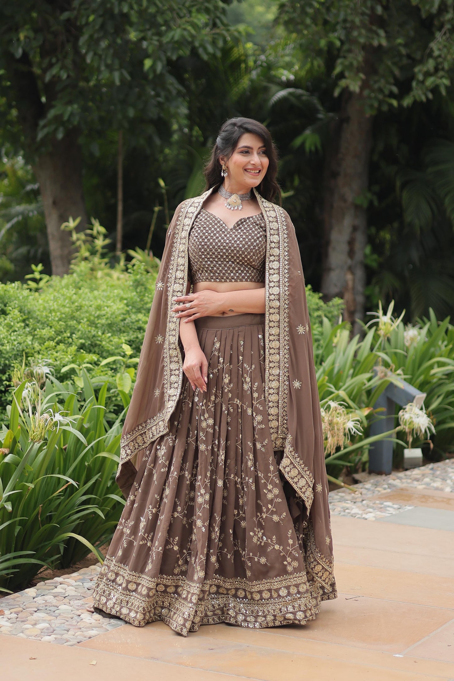 Wedding Wear Brown Color Faux Blooming With Heavy Sequins And Thread Embroidered Work Lehenga Choli