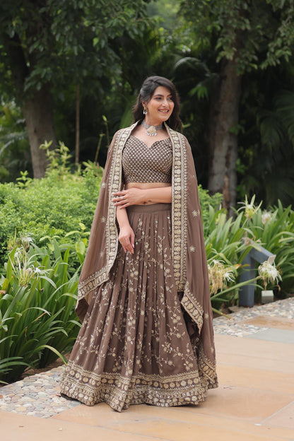 Wedding Wear Brown Color Faux Blooming With Heavy Sequins And Thread Embroidered Work Lehenga Choli