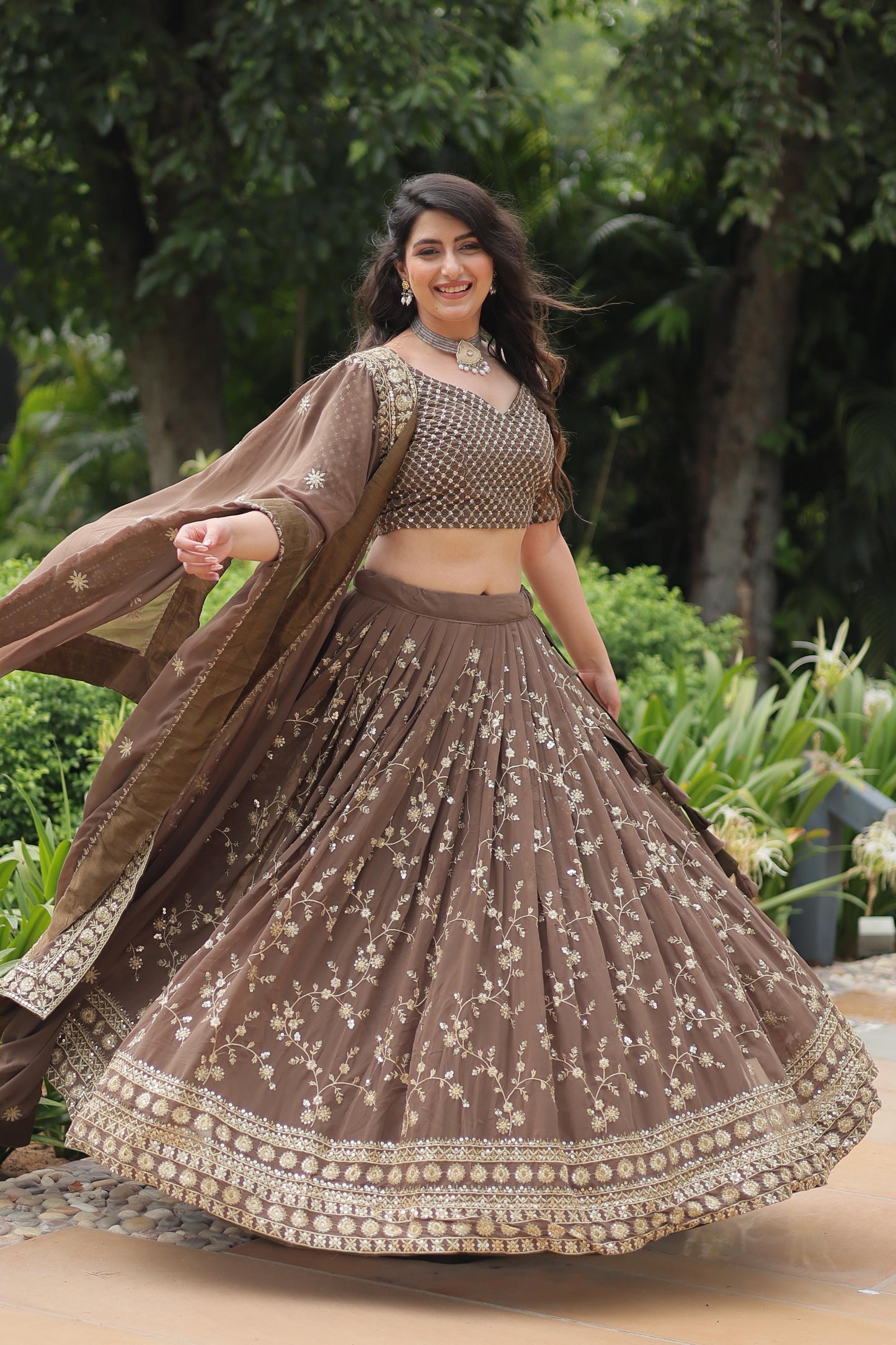 Wedding Wear Brown Color Faux Blooming With Heavy Sequins And Thread Embroidered Work Lehenga Choli