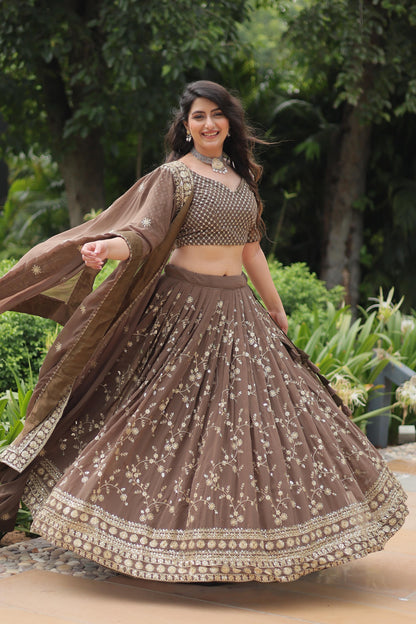 Wedding Wear Brown Color Faux Blooming With Heavy Sequins And Thread Embroidered Work Lehenga Choli