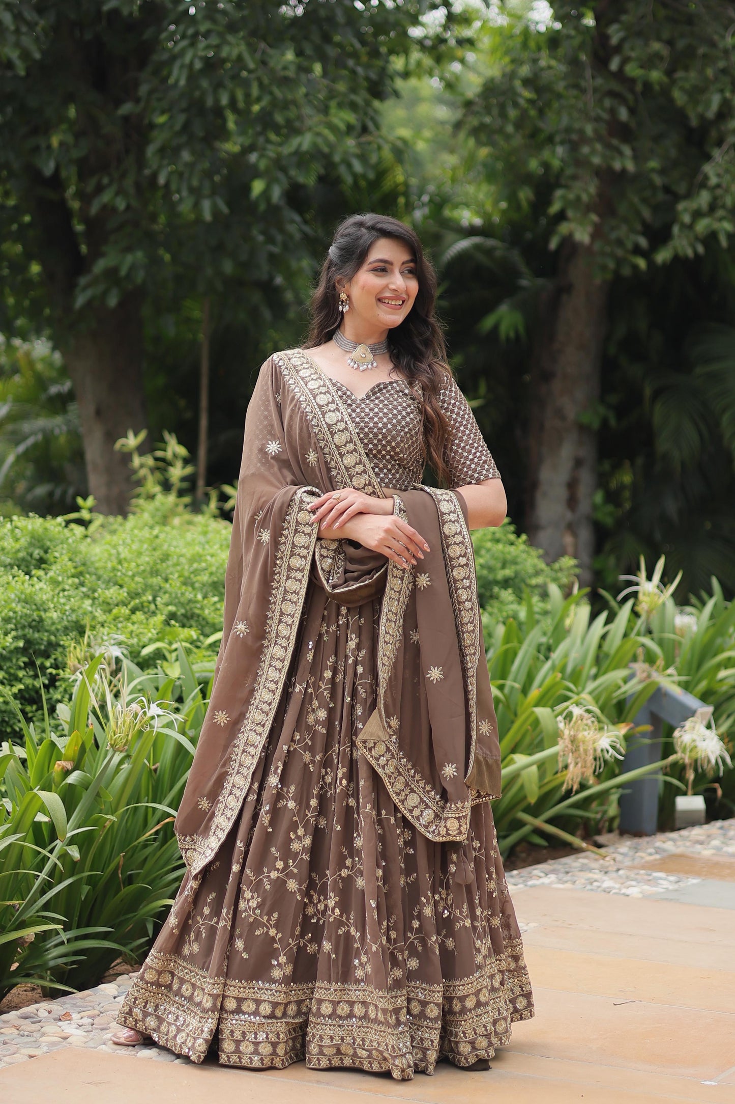 Wedding Wear Brown Color Faux Blooming With Heavy Sequins And Thread Embroidered Work Lehenga Choli