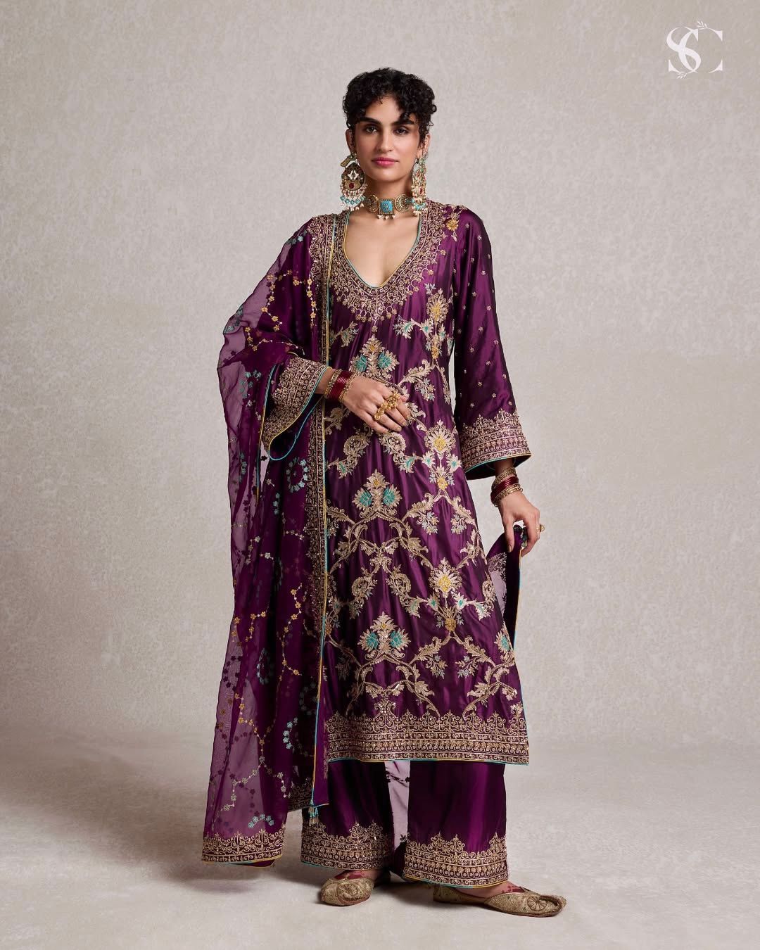 Captivating Wine Color Pure Heavy Chinon Silk With Heavy Embroidery Coding Sequence Work Palazzo Suit