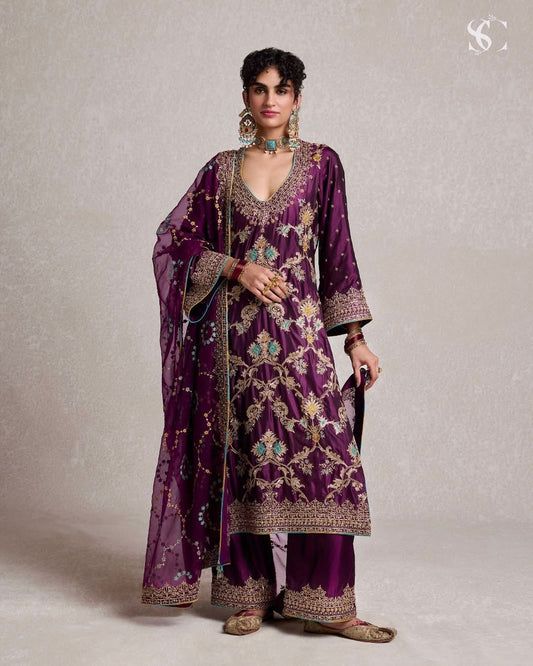 Captivating Wine Color Pure Heavy Chinon Silk With Heavy Embroidery Coding Sequence Work Palazzo Suit