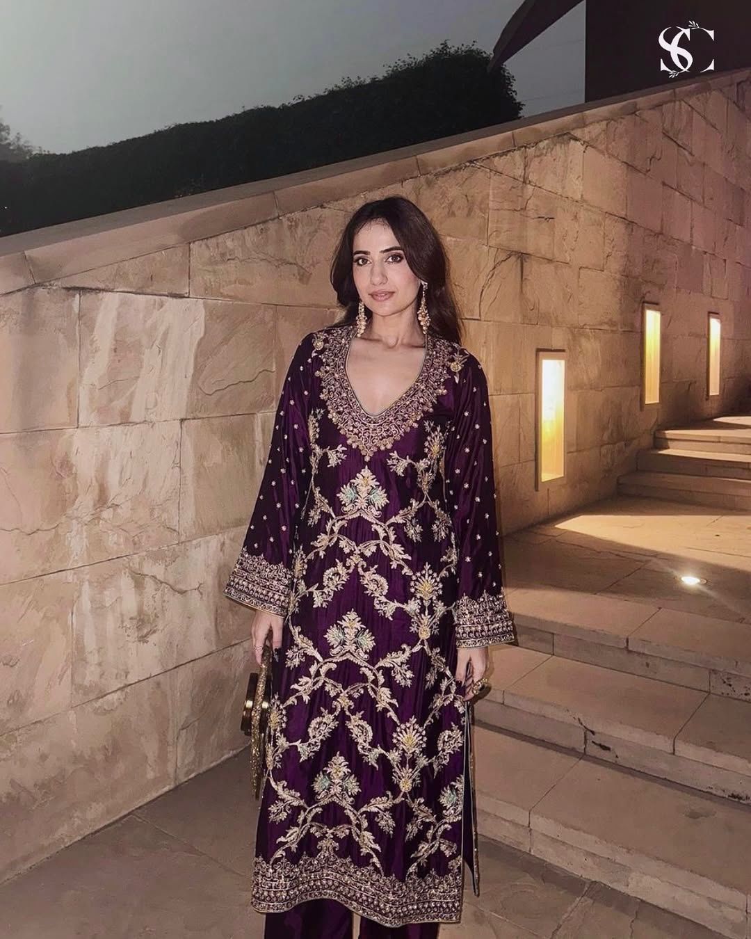 Captivating Wine Color Pure Heavy Chinon Silk With Heavy Embroidery Coding Sequence Work Palazzo Suit