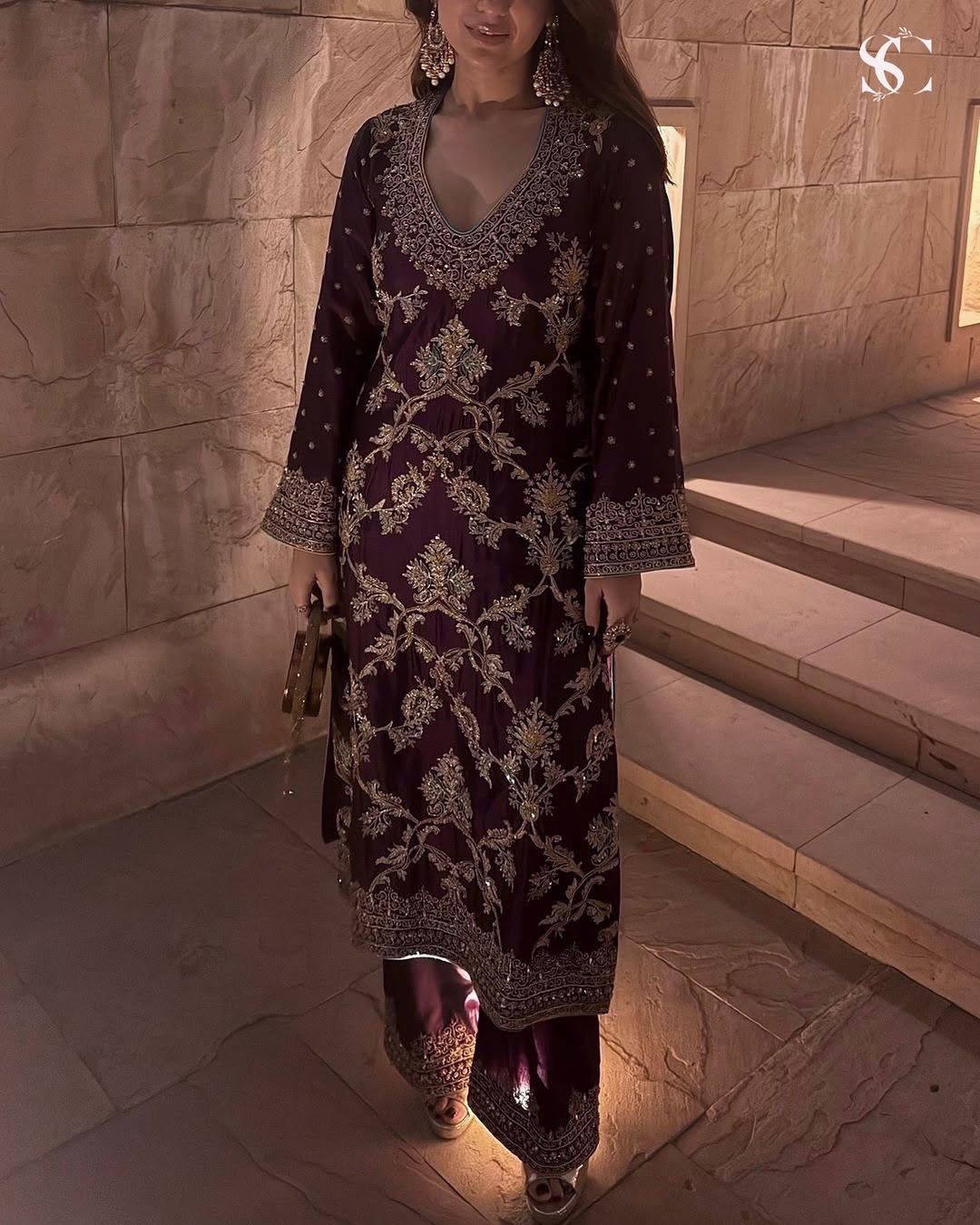 Captivating Wine Color Pure Heavy Chinon Silk With Heavy Embroidery Coding Sequence Work Palazzo Suit